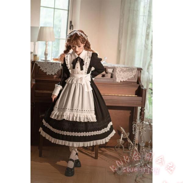 コスプレ メイド服 黒 ブラック KNK(株） 白 ホワイト 華やか メイド 豪華セット レディース ロリータ ワンピース ロリィタ メイド服 ロング クラシック_5