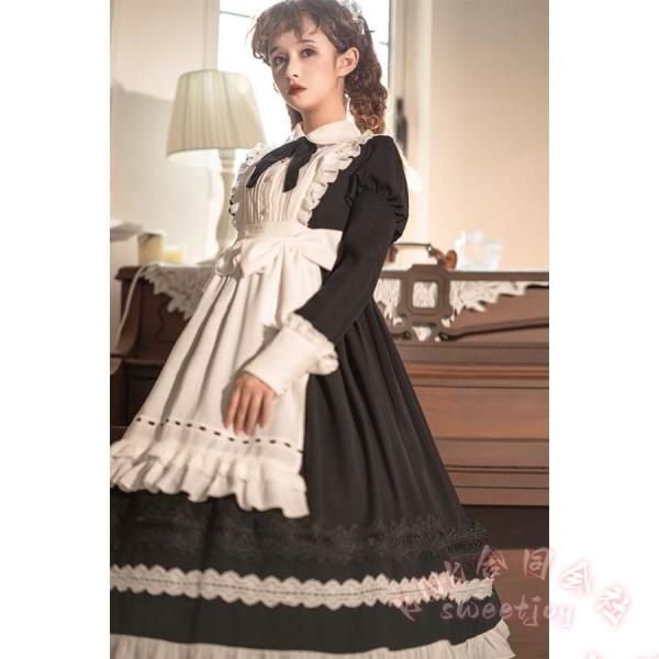コスプレ メイド服 黒 ブラック KNK(株） 白 ホワイト 華やか メイド 豪華セット レディース ロリータ ワンピース ロリィタ メイド服 ロング クラシック_6
