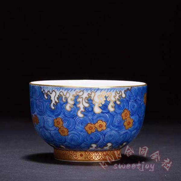 小茶杯 陶磁器 品茶杯 主人杯 単杯 景徳鎮手作り KNK(株） 青花描金 ティーカップ コップ 工夫茶器 おしゃれ 茶器ギフト 来客用にも 箱風梱包