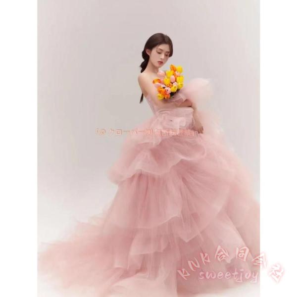 カラードレス プリンセス ピンク ライトブルー ベアトップ KNK（株） チュール フリル ブライダル 演奏会 結婚式 二次会 ロングドレス 花嫁 前撮り 写真映え