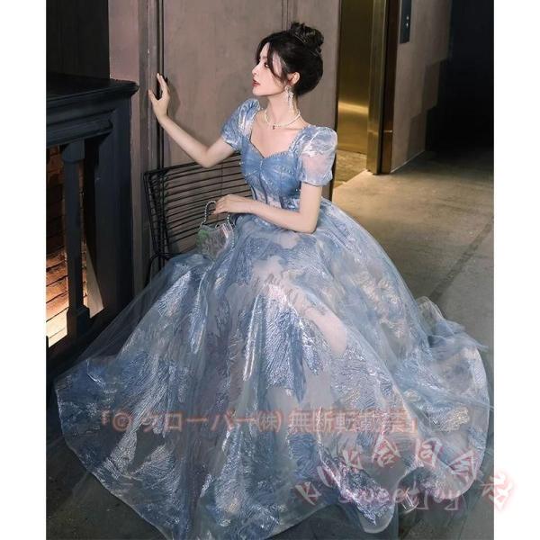 カラードレス ロング 花柄 ブルー 半袖 編み上げ KNK（株） 結婚式 二次会 花嫁 前撮り 演奏会 発表会に ウェディング系にも パーティードレス 華やか
