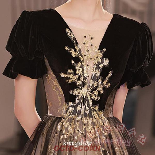 イブニングドレス 黒 ベロア ベルベット ロングドレス スパンコール キラキラ パフスリーブ 発表会 結婚式 KNK(株) パーティードレス フェミニン 上品 高見え_9