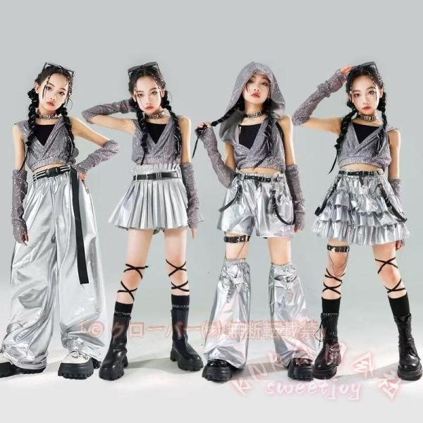 ダンス衣装キッズ女の子4タイプシルバーアームカバースパンコールティアードスカートフード付き無袖KNK長ズボン短パン選べるガールズ発表会ステージ