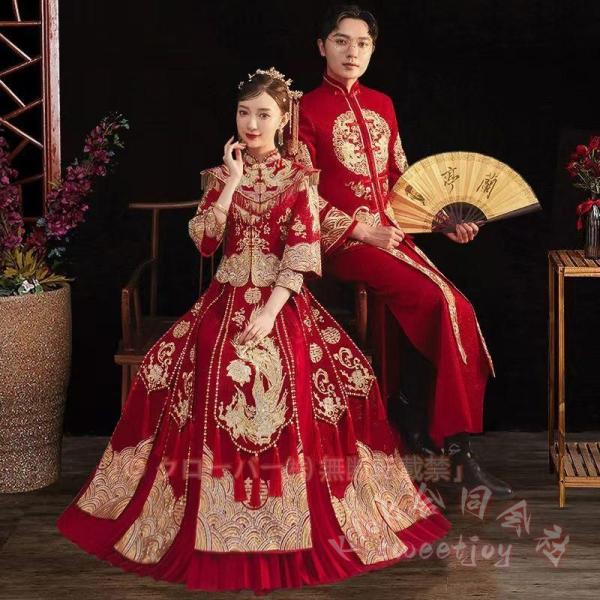中華服 中国伝統ウエディングドレス 長袖 上下2点 KNK(株) 結婚式 披露宴 新郎 新婦 衣裳 メンズ レディース 中華ファッション 金色 刺繍