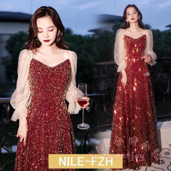 スパンコールロングドレスキラキラAライン KNK(株) ワイン赤発表会パーティー結婚式XS-XXXLロング丈エレガントドレスおしゃれ