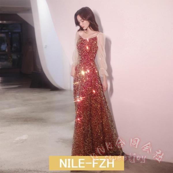スパンコールロングドレスキラキラAライン KNK(株) ワイン赤発表会パーティー結婚式XS-XXXLロング丈エレガントドレスおしゃれ
