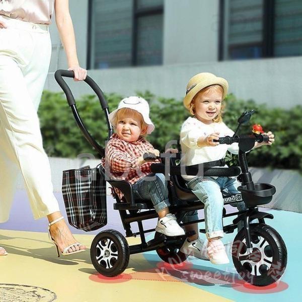 二人乗り三輪車ベビーカー 双子向けシートベルト付き KNK(株） 補助棒取り外し可 カゴ付き 誕生日プレゼント アウトドア 散歩 乗り物遊び