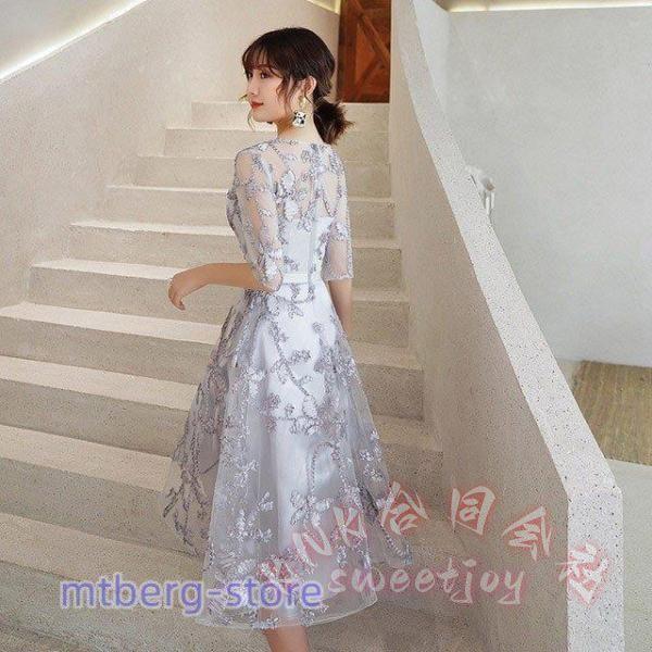 パーティードレス ミモレ丈 黒 グレー 5分袖 Aライン 袖あり KNK(株） 結婚式 二次会 お呼ばれ 30代40代 イブニングドレス 発表会 演奏会 上品 きれいめ_4