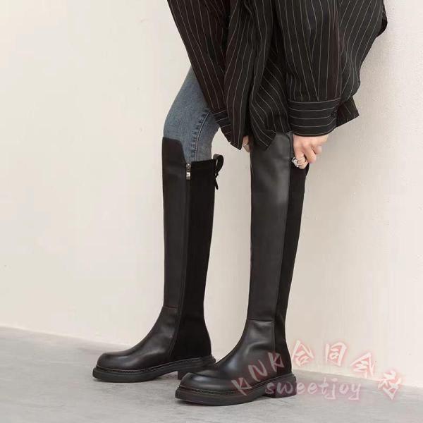 ロングブーツ レディース 膝丈 厚底 KNK(株) ローヒール5cm レザー調 細身 チャンキーヒール ジッパー フィット 春秋冬