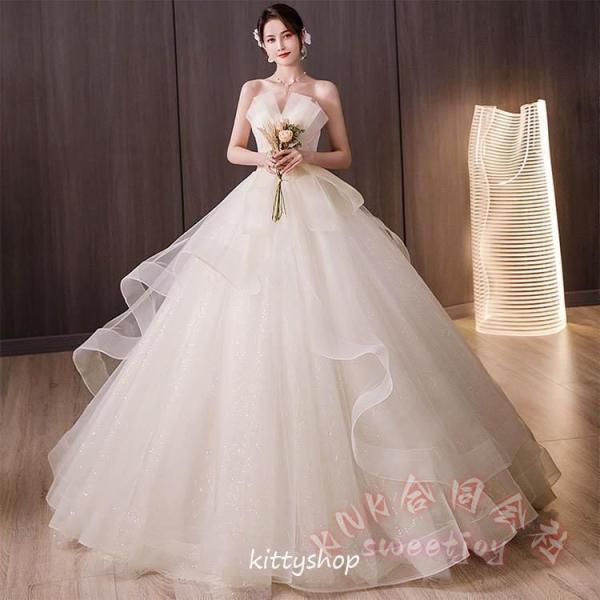 ウェディングドレス オフショルダー ビスチェ Aライン チュール KNK(株) 花嫁ドレス 結婚式 海外挙式 二次会 Vネック キレイめ ふんわり ロングドレス 撮影にも_1