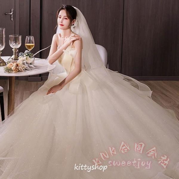 ウェディングドレス オフショルダー ビスチェ Aライン チュール KNK(株) 花嫁ドレス 結婚式 海外挙式 二次会 Vネック キレイめ ふんわり ロングドレス 撮影にも_2