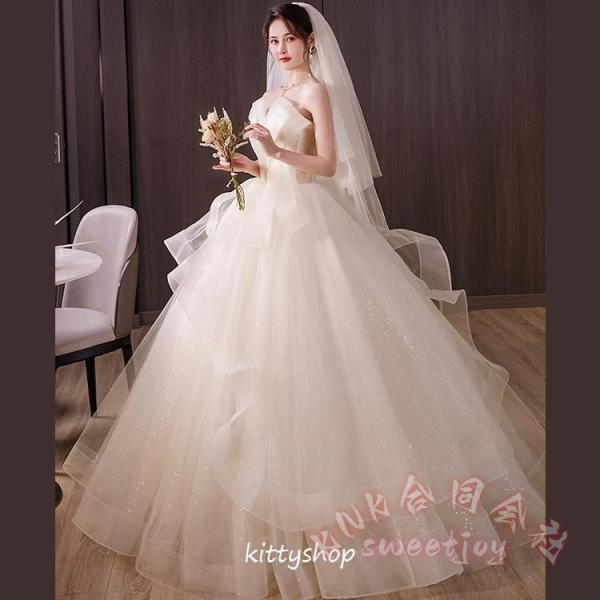 ウェディングドレス オフショルダー ビスチェ Aライン チュール KNK(株) 花嫁ドレス 結婚式 海外挙式 二次会 Vネック キレイめ ふんわり ロングドレス 撮影にも_3