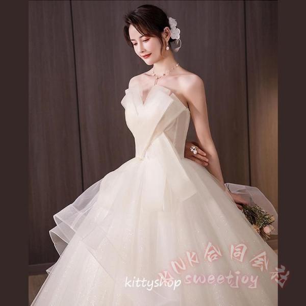 ウェディングドレス オフショルダー ビスチェ Aライン チュール KNK(株) 花嫁ドレス 結婚式 海外挙式 二次会 Vネック キレイめ ふんわり ロングドレス 撮影にも_6