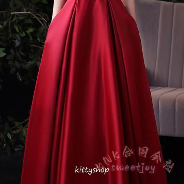 イブニングドレス オフショルダー サテン ワイン赤 Vネック KNK ゲストドレス 結婚式 二次会 発表会 ロングドレス ワインレッド パーティードレス お呼ばれ 上品