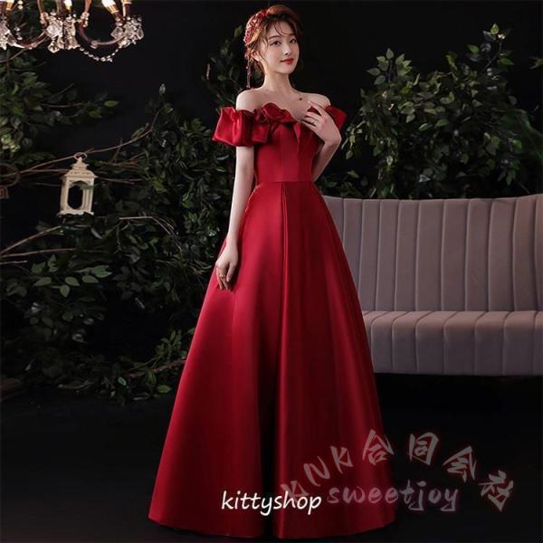 イブニングドレス オフショルダー サテン ワイン赤 Vネック KNK ゲストドレス 結婚式 二次会 発表会 ロングドレス ワインレッド パーティードレス お呼ばれ 上品