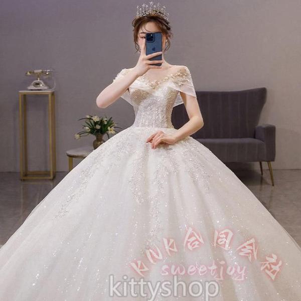 レディースウェディングドレスオフショルダーキラキラロングラインストーンホワイト結婚式二次会KNK(株）輝く花嫁を演出する豪華ロングドレス_10