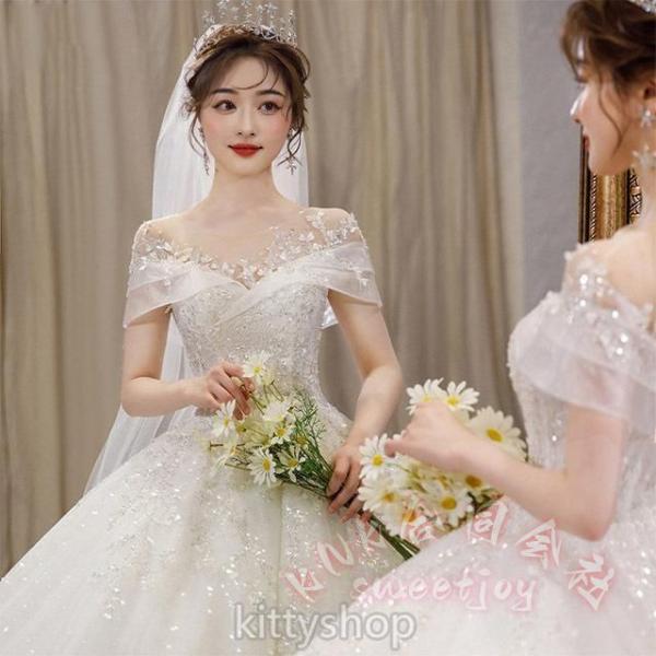 レディースウェディングドレスオフショルダーキラキラロングラインストーンホワイト結婚式二次会KNK(株）輝く花嫁を演出する豪華ロングドレス_2
