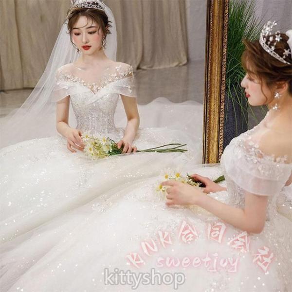 レディースウェディングドレスオフショルダーキラキラロングラインストーンホワイト結婚式二次会KNK(株）輝く花嫁を演出する豪華ロングドレス_6