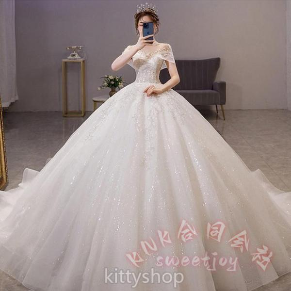 レディースウェディングドレスオフショルダーキラキラロングラインストーンホワイト結婚式二次会KNK(株）輝く花嫁を演出する豪華ロングドレス_7