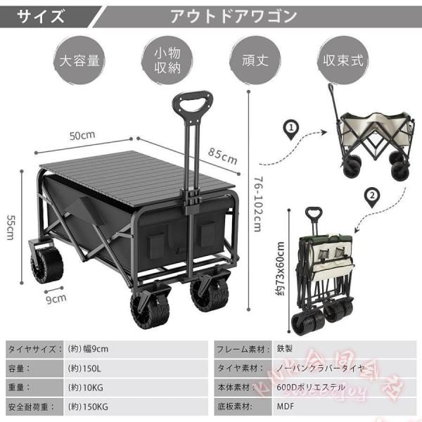 キャリーワゴン アウトドアワゴン 150L 長物対応 KNK(株) 耐荷重 テーブル付 キャリーカート 大容量 台車 折りたたみ 大型 収納 キャンプ用品 タイヤ アウトドア_2