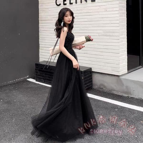 演奏会用ロングドレス 黒 Aライン KNK(株) パーティードレス 結婚式 披露宴 およばれ ピアノ フォーマル ビジュー チュール素材 ハイウエスト 体型きれい見せ
