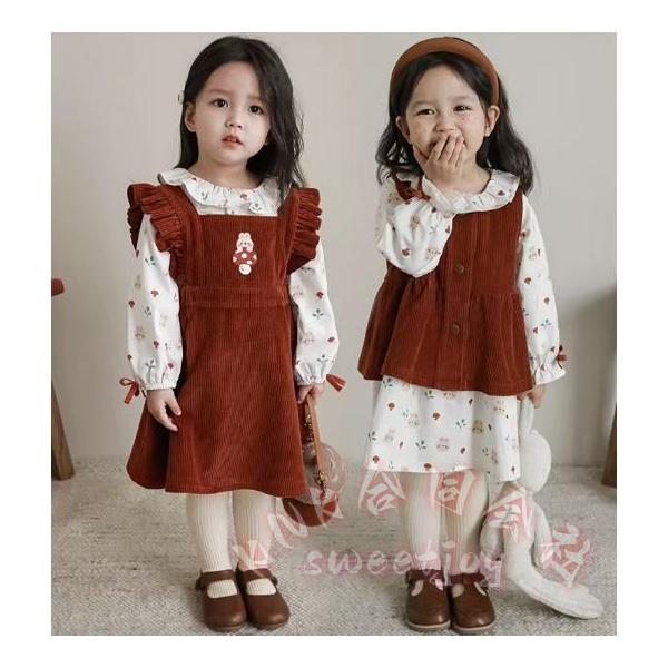 キッズ ワンピース&ベスト 2点セット 女の子 KNK(株) 長袖 フレア 襟付き 花柄 お洒落 かわいい お出かけ 普段使い フォーマルにも