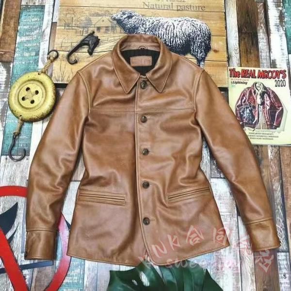 高品質カウハイド 復刻50s カーコート レザージャケット KNK(株) ナチュラルブラウン Mサイズ ドライビング ブレーキマン オイルレザー 牛革 本革