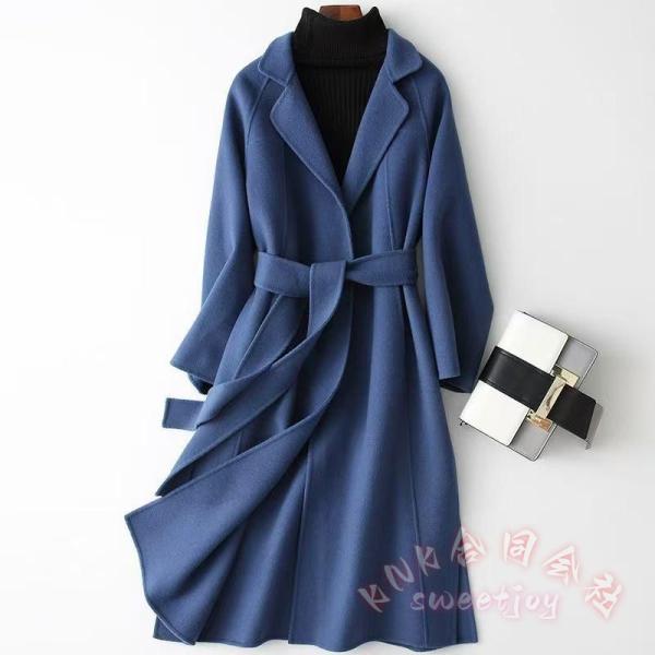 上品ロングコート ウール リバーコート ダブルフェイス KNK(株) 一枚仕立て ブルー XS-XXL 大人 上品 きれいめ 防寒