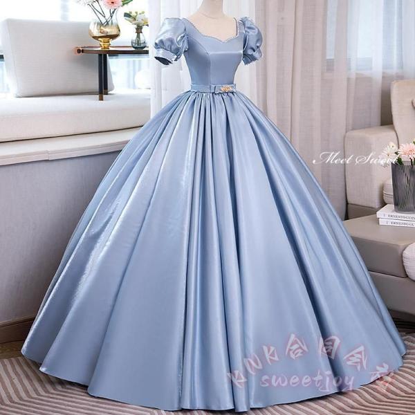 カラードレス ブルー サテン パフスリーブ KNK(株） プリンセスライン 半袖 ロングドレス ウェディング 結婚式 二次会 花嫁 前撮り 演奏会 発表会 ステージ衣装_1
