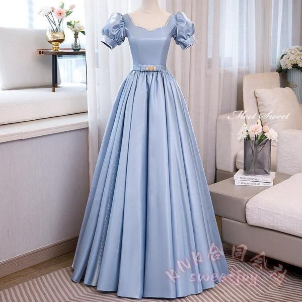 カラードレス ブルー サテン パフスリーブ KNK(株） プリンセスライン 半袖 ロングドレス ウェディング 結婚式 二次会 花嫁 前撮り 演奏会 発表会 ステージ衣装_2