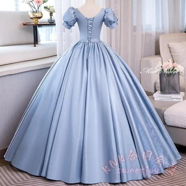 カラードレス ブルー サテン パフスリーブ KNK(株） プリンセスライン 半袖 ロングドレス ウェディング 結婚式 二次会 花嫁 前撮り 演奏会 発表会 ステージ衣装_3