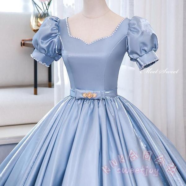 カラードレス ブルー サテン パフスリーブ KNK(株） プリンセスライン 半袖 ロングドレス ウェディング 結婚式 二次会 花嫁 前撮り 演奏会 発表会 ステージ衣装_4