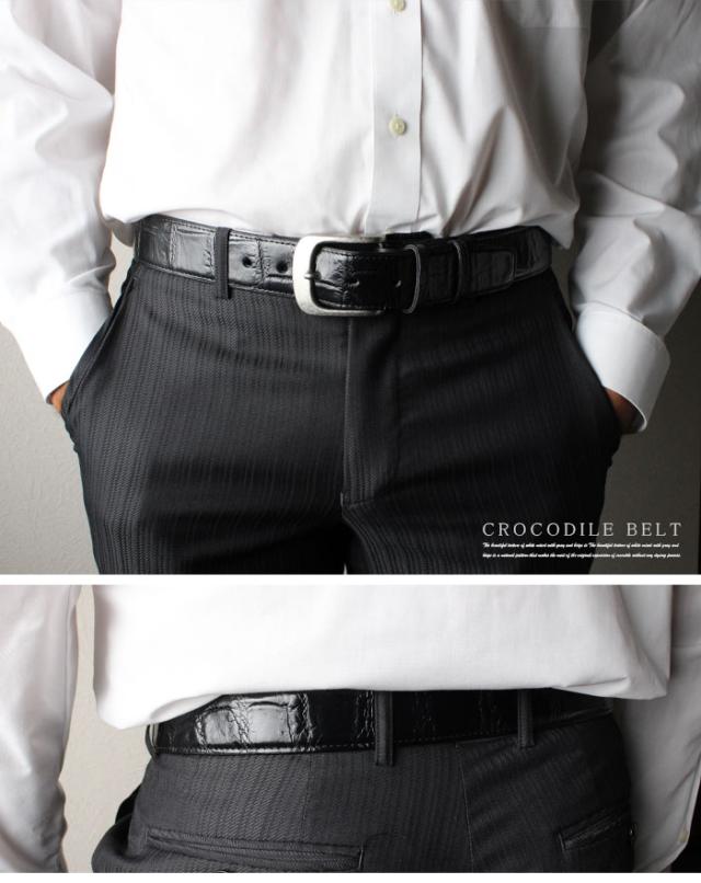 クロコダイル 竹腑 ベルト レザーベルト クロコ ピンバックル シルバー ゴールド 真鍮 ニッケル 5穴 3.7cm 37mm 鞄 本革 ワニ革 鰐革 ブラック 黒色 父の日 ギフト プレゼント メンズ レディース (lb647t42)za022_4