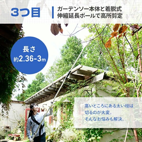 4WAY 高枝ポールトリマー/高枝ポールソー 高枝 切り ばさみ AC電源タイプ 最大長さ3m 着脱式伸縮延長ポール 10m延長コード付きPHS-3000 高枝ばさみ 高枝チェーンソー 高枝ヘッジトリマー 生垣バリカン 剪定 枝切 竹切 山善 YAMAZEN 送料無料_5