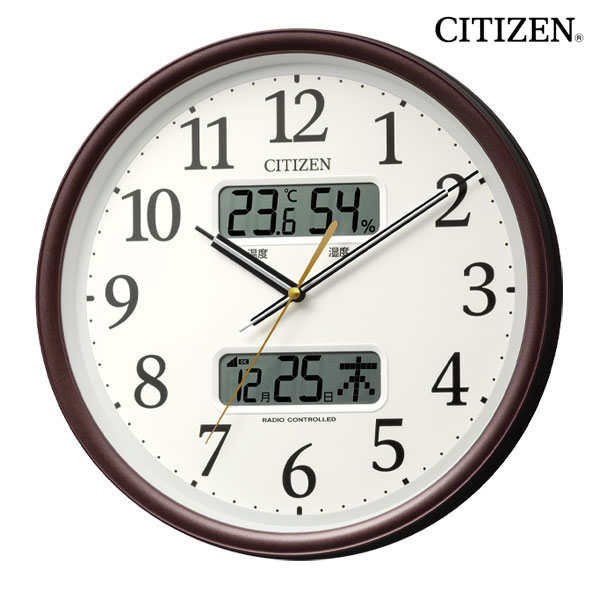 7月上旬より再入荷予定　シチズン CITIZEN【温湿度表示＆カレンダー 2液晶付き 電波掛時計】電波 壁掛け 電波クロック 連続秒針 静音 見やすい アナログ シンプル リビング オフィス 会議室 学校 塾 丸型 茶メタリック 8FYA06-006.