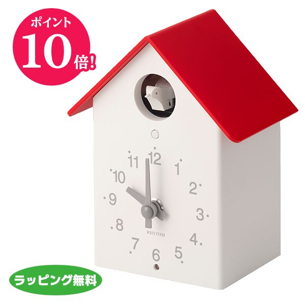 ☆ポイント10倍●リズム時計 鳩時計 掛置兼用【ふいごカッコー】クオーツ 2針式 報時 コンパクト かわいい やさしい音色 お祝い ギフト アカ 赤 4RH797SR01