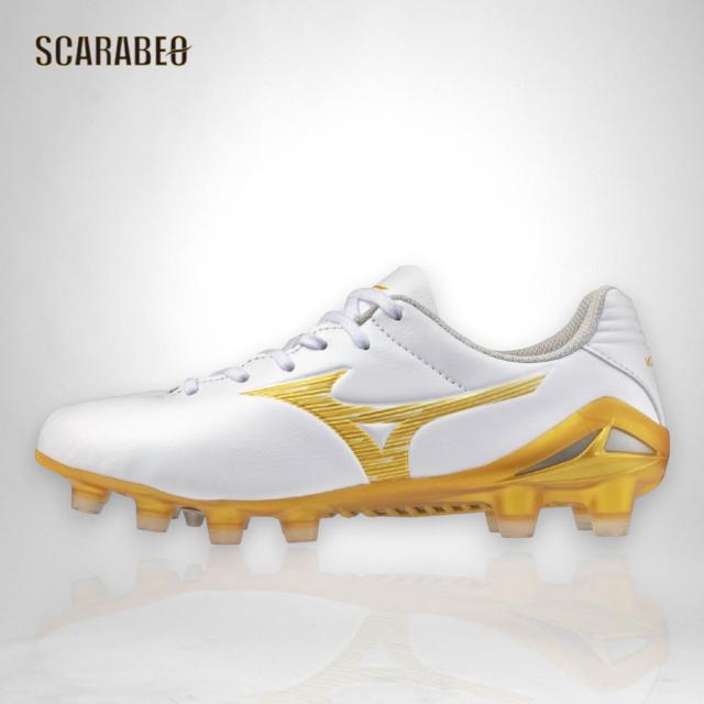 ミズノ MIZUNO モナルシーダNEO III PRO Jr サッカースパイク ジュニア ホワイト×ゴールド 軽量 2E ノンステッチ人工皮革 天然芝 土 人工芝 対応 固定式 p1gb262050_1