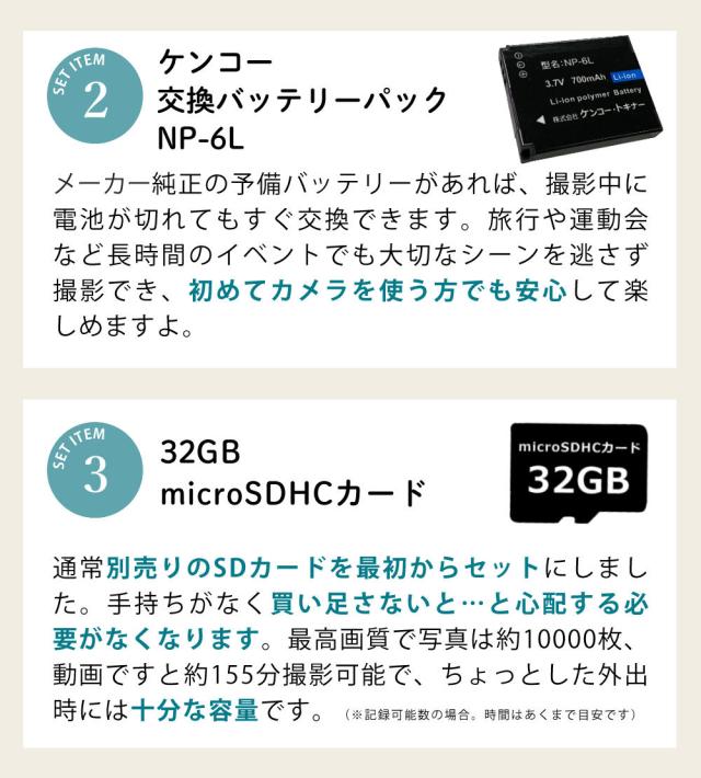 ケンコー コンパクトデジタルカメラ KC-AF11 ブラック ホワイト グリーン 便利なオプション付き 5点セット_5