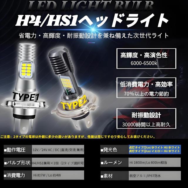 YAMAHA H4/HS1 バイク用 LEDヘッドライト Hi/Lo切替 1800lm 6500K