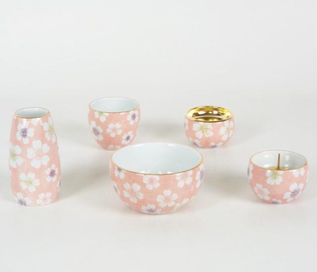 モダン仏具セット 有田焼 花恋かれん 桜華紋 ５具足丸香炉タイプ