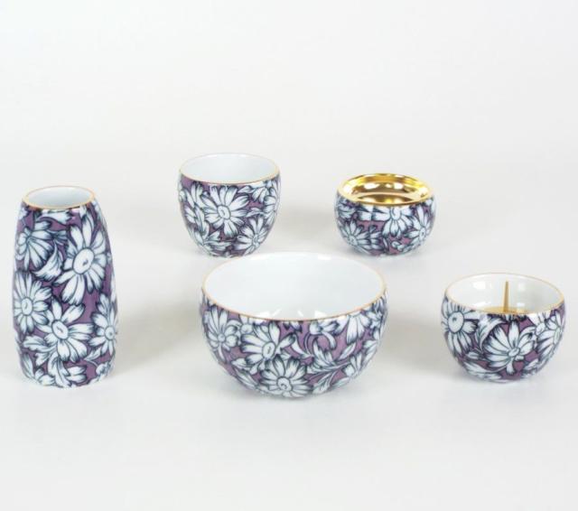 モダン仏具セット 有田焼 花恋かれん 舞菊 ５具足丸香炉タイプ