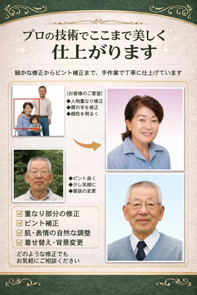 遺影 作成 ハガキサイズ 額入 短納期 プロ仕上げ ピント シミ シワ 修正 ハガキ判 ハガキ KG サイズ 額 遺影写真 制作 葬儀写真 肖像写真 慰霊写真 生前遺影 葬式の写真 仏壇 終活 着せ替え バック消し 背景変更 作り直し 再作成_2