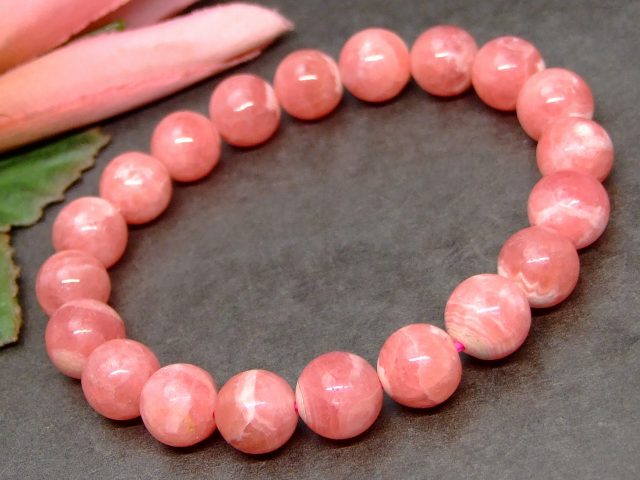 64395　　インカローズ 10mm AAA ブレスレット 内径17cm 鑑別済・本物保証 ポーチ付き 送料無料 アルゼンチン産 天然石 パワーストーン 28,860円