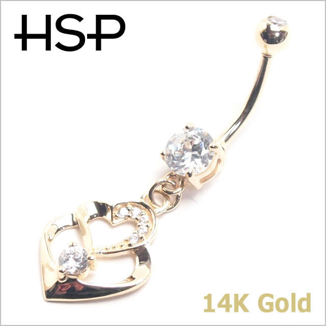【送料無料】14G 14K ダブルハートダングル バナナバーベル 【 へそピアス ヘソピアス 】の通販は 36,465円