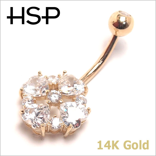 【本物 14金 イエローゴールド】14K ハート カット フラワー CZジュエル バナナバーベル【 へそピアス ヘソピアス 】