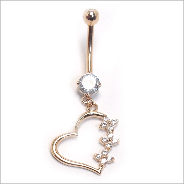 【本物 14金 イエローゴールド】14K トリプルCZ on フラワーハートバナナバーベル【 へそピアス ヘソピアス 】_1