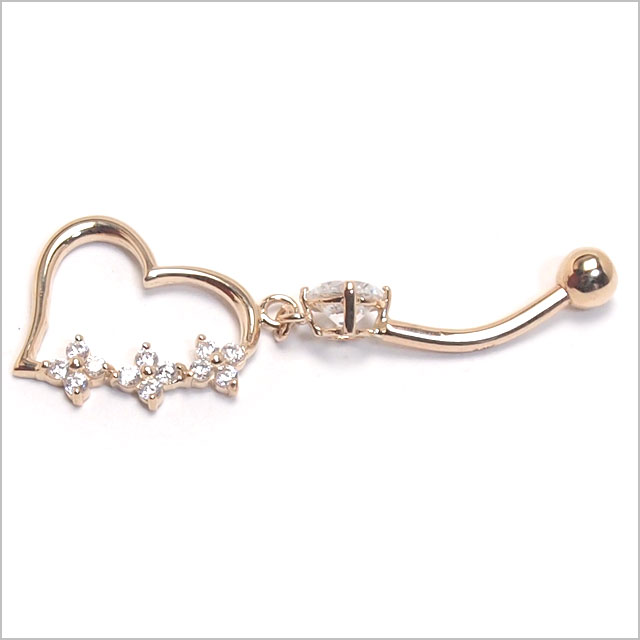 【本物 14金 イエローゴールド】14K トリプルCZ on フラワーハートバナナバーベル【 へそピアス ヘソピアス 】_3
