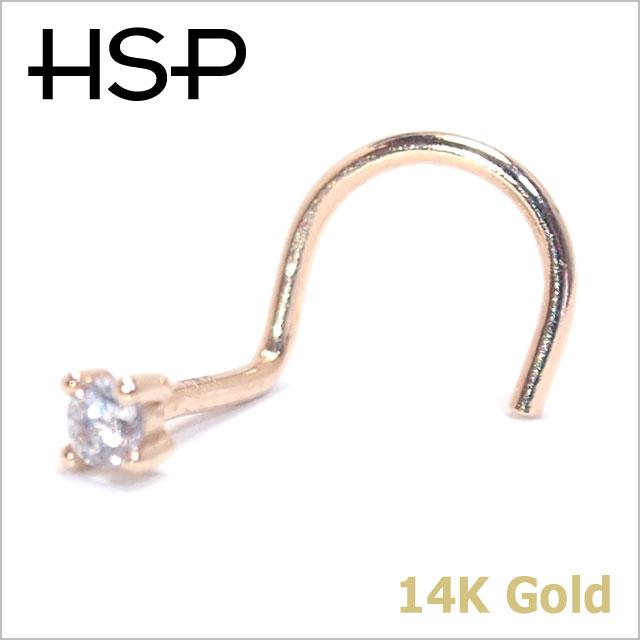 【本物 14金 イエローゴールド】14K イエローゴールド CZ 2mm クリアジュエル ノーズスクリュー 20G