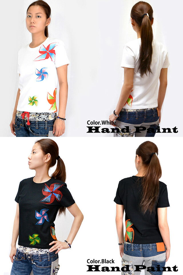 工房壱/レディース◇和柄手描きTシャツ ティーシャツ「風車」/和