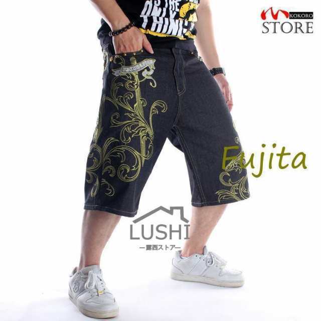 バギーパンツ メンズ クロップドパンツ 金線刺繍 ジーンズ デニムパンツ ワイドパンツ 七分丈 ボトムス ビッグシルエット ヒップホップの通販は